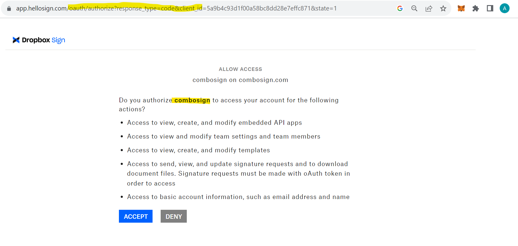 combosign dropbox sign authorize